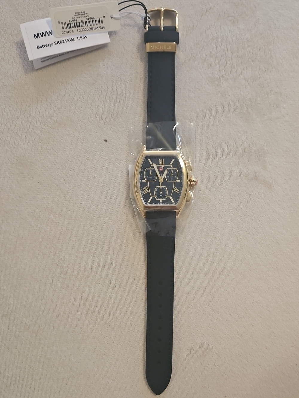 Michele Men's Black Strap Gold-Tone Case Chronograph Watch